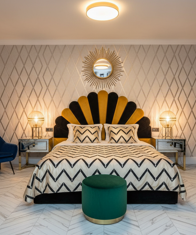 Dormitorio Art Déco en negro y dorado